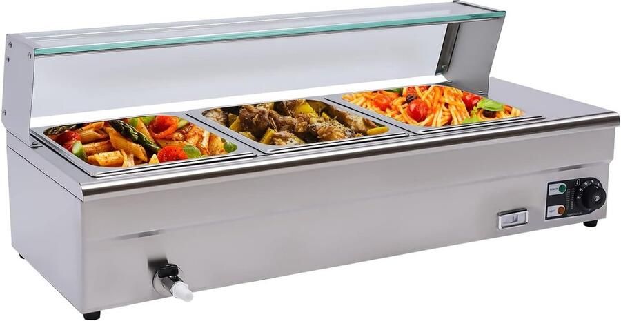 Elektrische Bain Marie Warmhoudbak Professioneel Buffet Warm Houden Instelbare Temperatuur 3 x 6 Liter Zilver