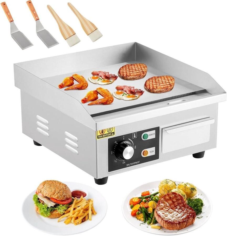Elektrische bakplaat Platte grill Aanrecht koken Instelbare temperatuur 36cm Zilver