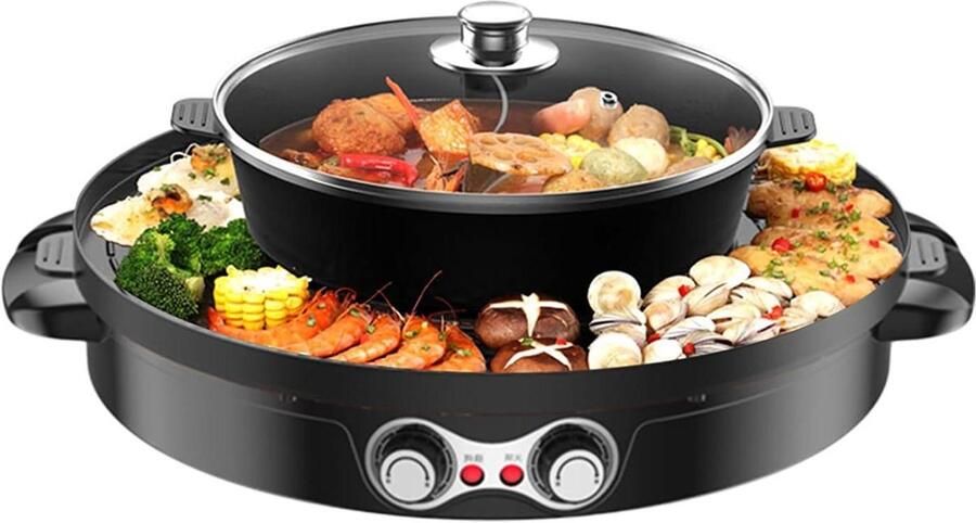Elektrische Barbecue en Hotpot Fondue Machine Grill Pan Gezellig Eten Dubbele Temperatuurregeling 44 cm Diameter Zwart