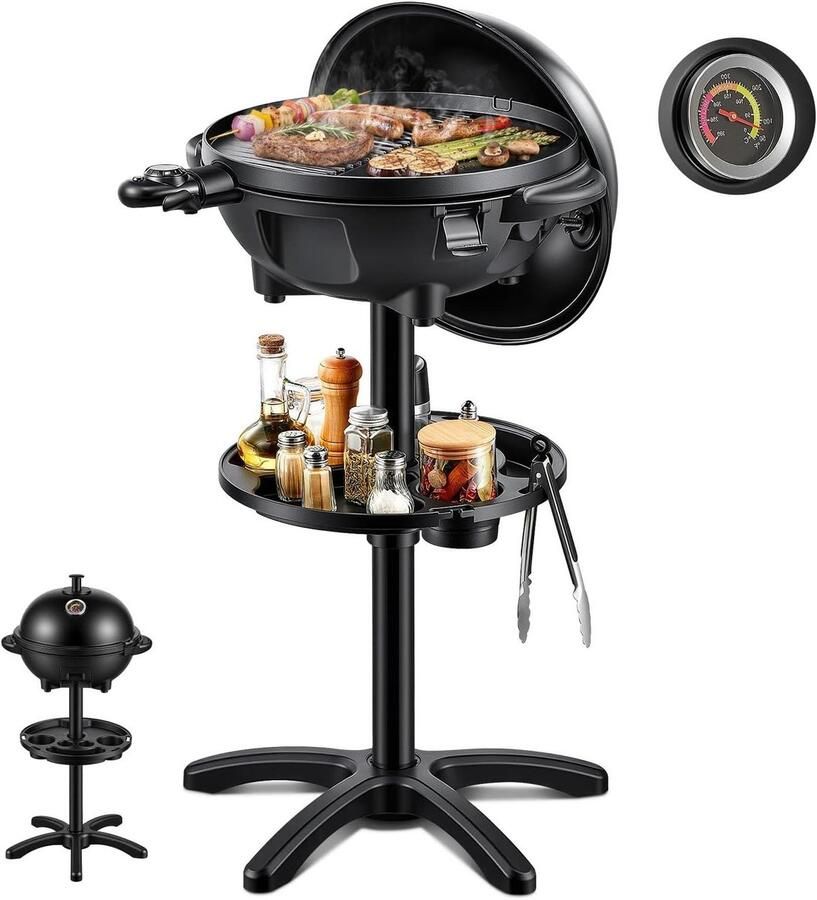 Elektrische barbecue Tafelgrill Voetgrill Buiten koken 2-in-1 functie Ø 41 cm Zwart