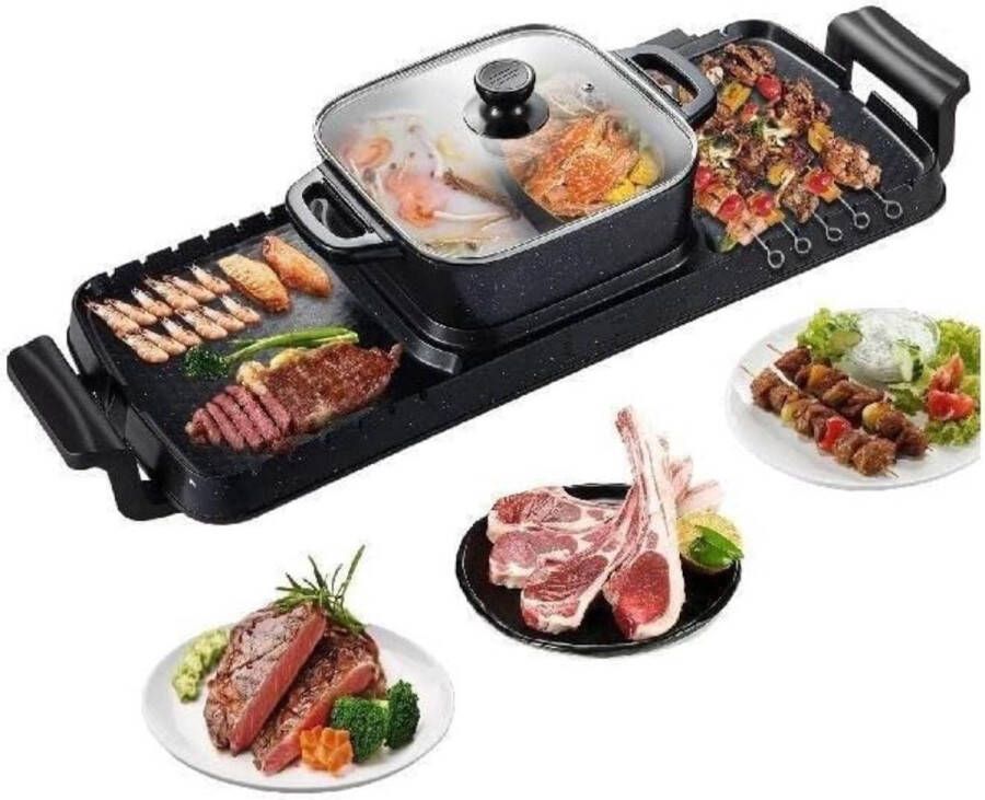 Elektrische BBQ Pan Grill en Hot Pot Krachtig 2400W Draagbaar en Rookvrij Afneembare Anti-aanbaklaag BBQ Gourmet Grill Kookgerei Koken Grillen