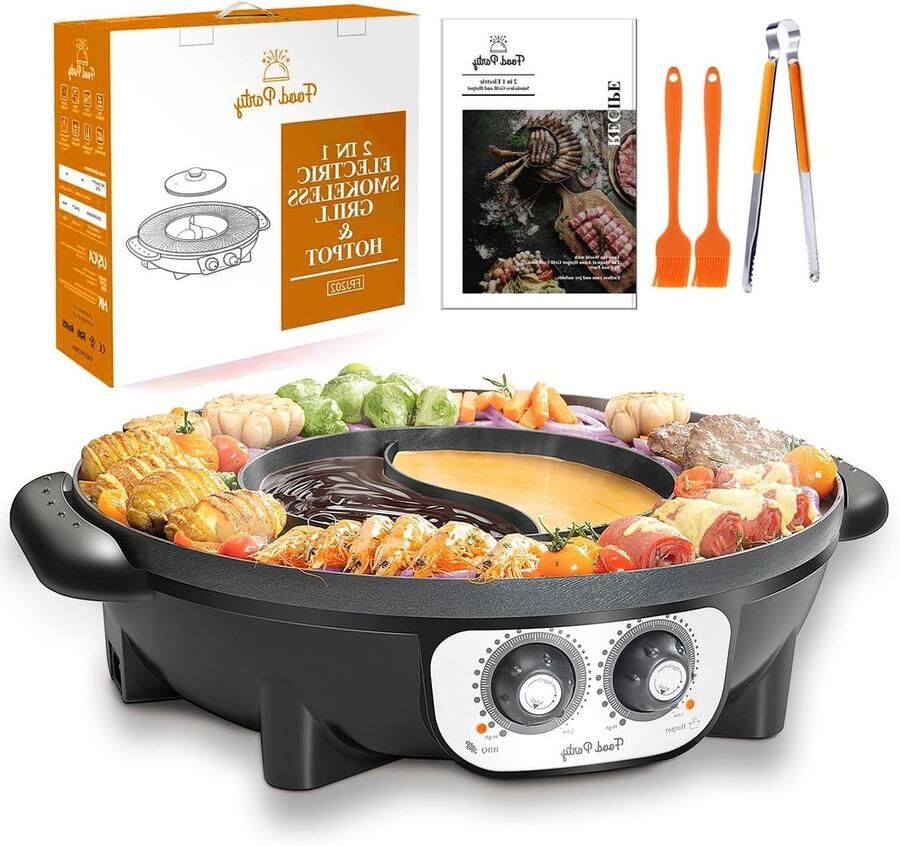 Elektrische Binnen Grill Hotpot Pan Gezellig Eten Dubbele Kookzones 2.5 Liter Klassiek