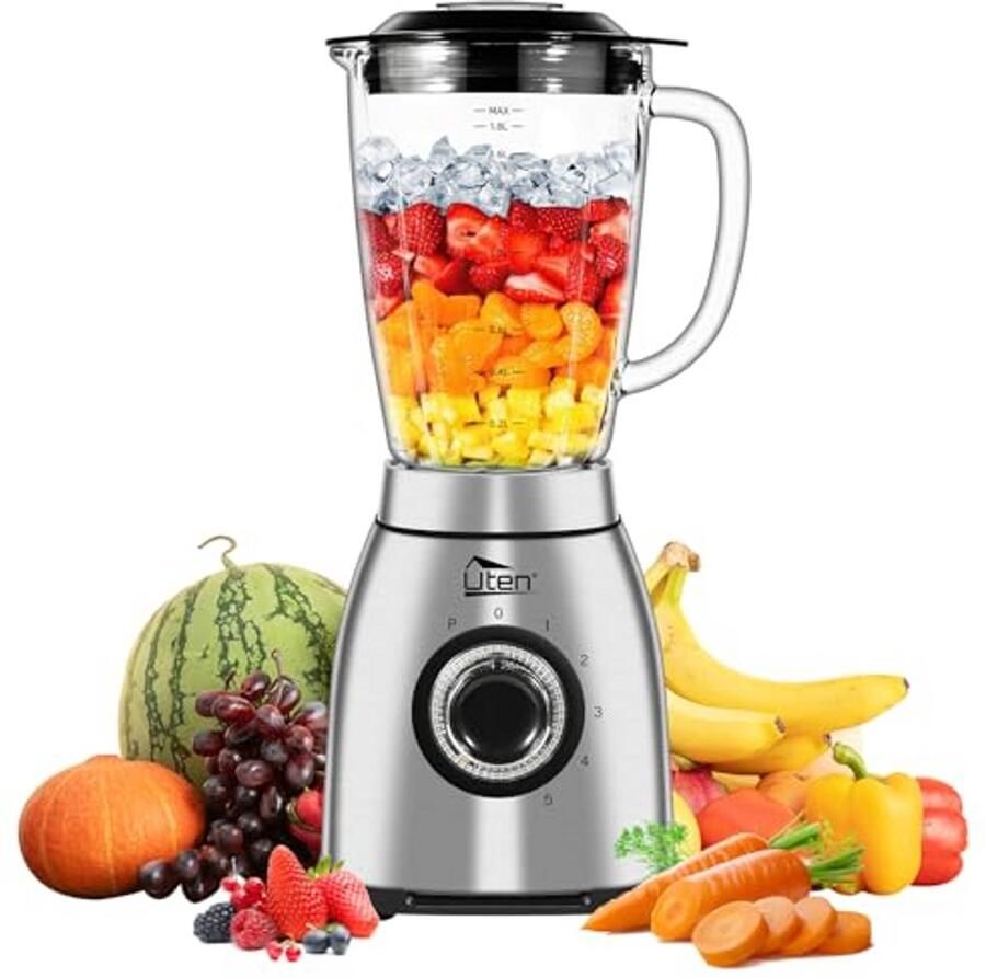 Elektrische Blender 2L met 1800W 5 Snelheden en Glazen Mengkom voor Milkshakes en Koffiemalen