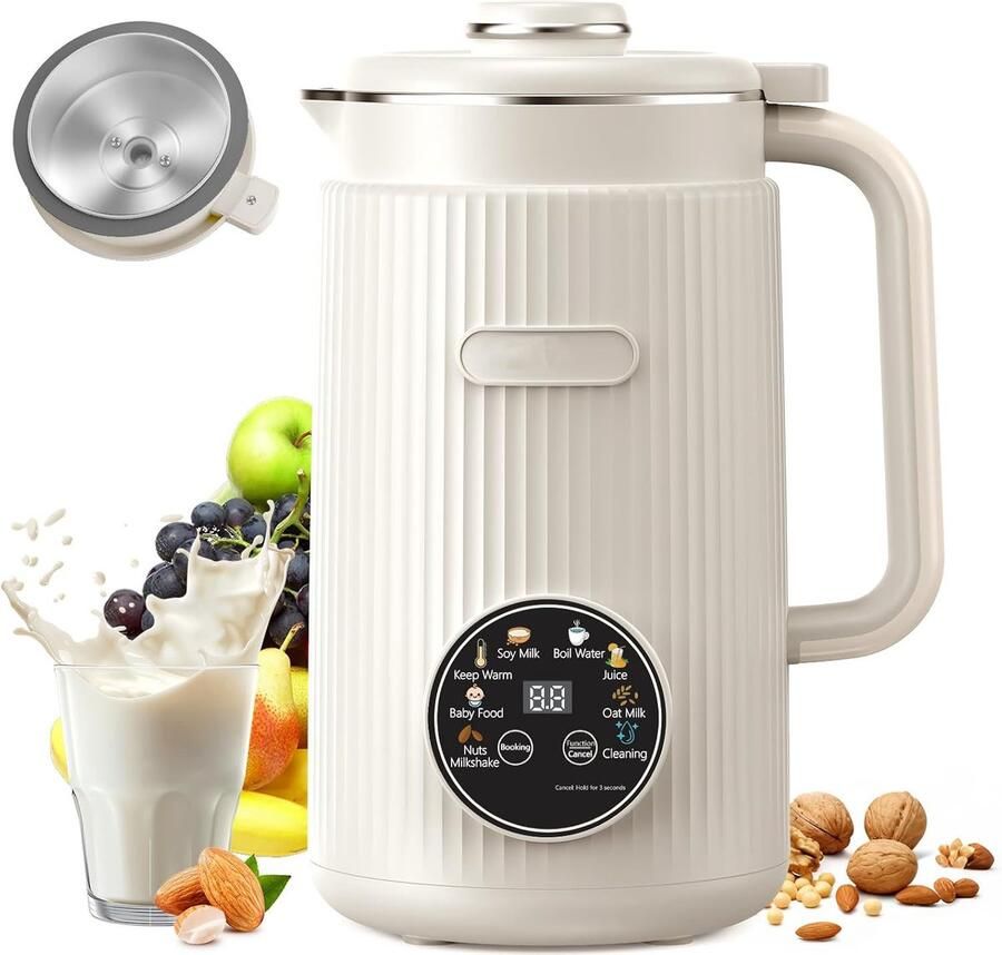 Elektrische blender -Elektrische Shakebeker 10-in-1 notenmelkmaker Filterloze sojamelkmaker Met roestvrijstalen deksel Voor amandelmelk havermelk kokosmelk sap plantaardige melkmaker en blender wit