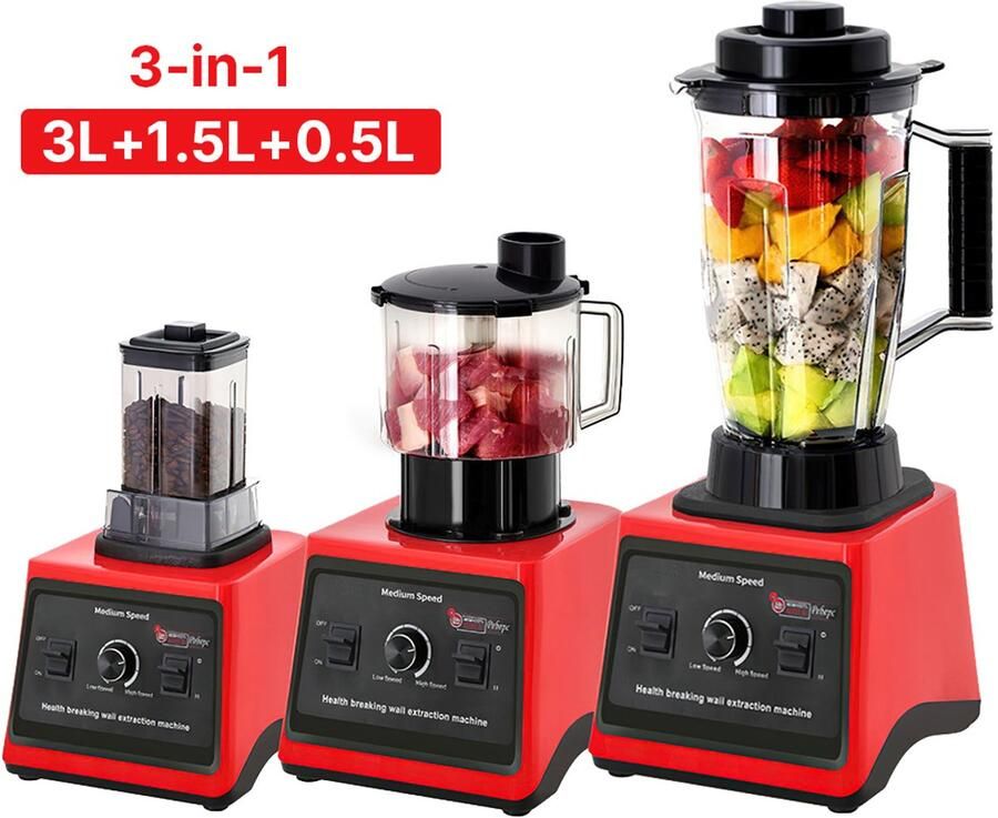 Elektrische Blender Rood 9500 W 3L + 1 5L + 0 5L Inhoud Kunststof Kom Voor Smoothies En Sap