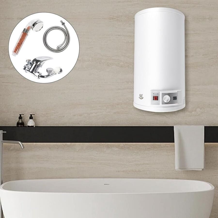 EU Electronic Water Heater 50 L 2 KW 220 V Flow-Through Water Heater with Safety Valve and Temperature Display Field Electric Water Heater up to 75 °C for Kitchens and Toilets