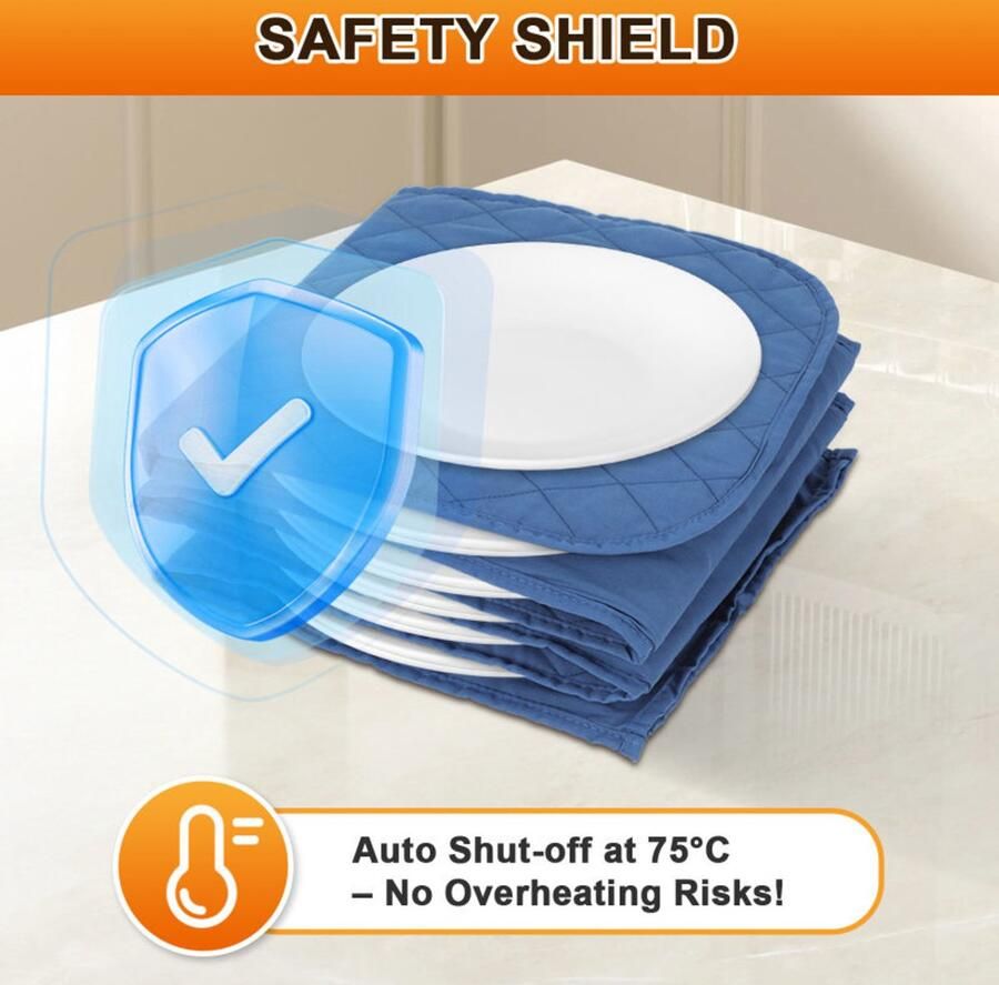 XXL Elektrische bordenwarmer 34x30x3cm Voor maximaal 12 borden met 32 cm diameter Wasbare Hoes Warmhoudplaat -Katoen Blauw