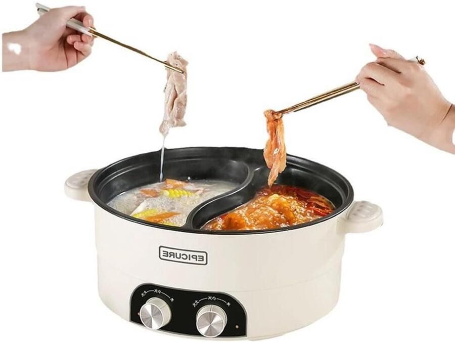 Elektrische Braadpan Multicooker Hotpot Gezellig Koken Twee Smaken 6 Liter Wit
