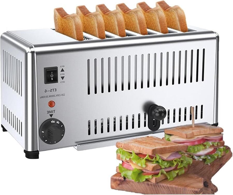 Elektrische Broodrooster Broodbakmachine Toastapparaat Ontbijt Bereiden 6 Broodjes Tegelijk 6 Slices Zilver
