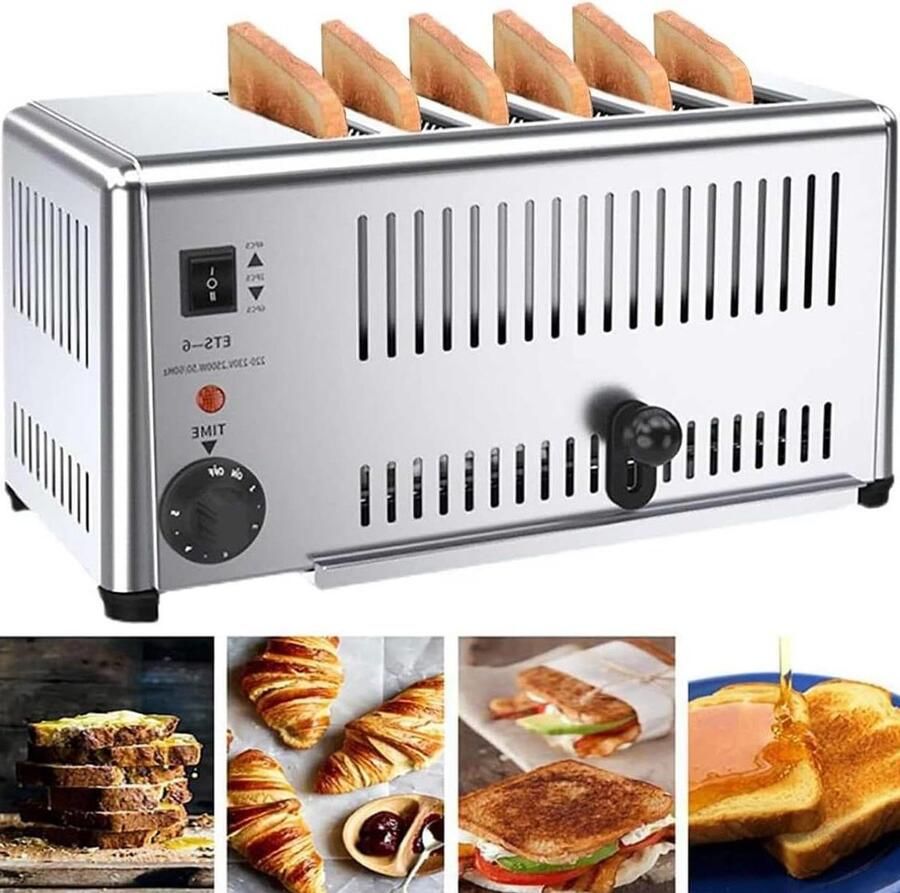 Elektrische Broodrooster Commerciële Broodrooster Ontbijt Maken Zes Sleuven 2500W Vermogen Zilverkleurig