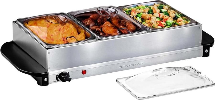 Elektrische buffetserver Voedselverwarmer set Feestjes organiseren Instelbare temperatuur 3x 1.5 liter Zilver