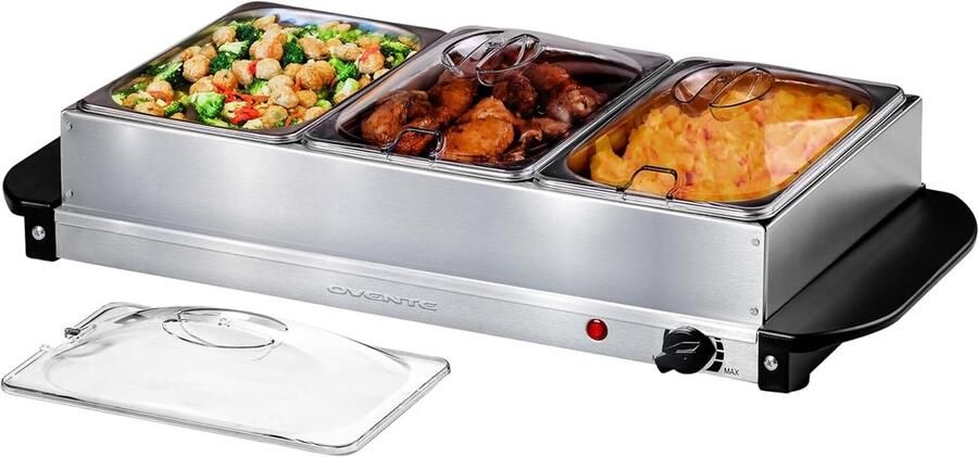 Elektrische buffetserver Voedselwarmer Feesten organiseren Instelbare temperatuur 3x 1.5 liter Zilver