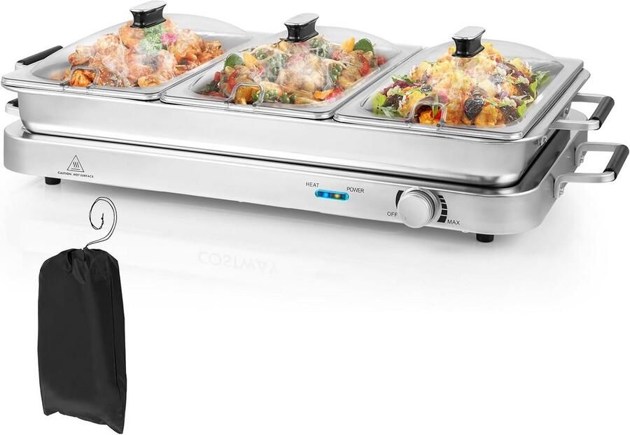 Elektrische Buffetwarmer 8 Liter met Temperatuurregeling en 3 RVS Schalen