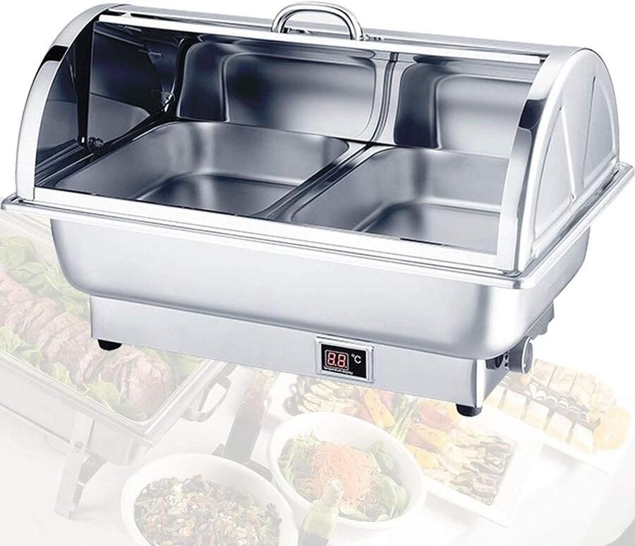 Elektrische Chafing Dish Buffet Server Voedselwarmer Buffetten Warm Houden Verstelbare Temperatuur 9L Zilver