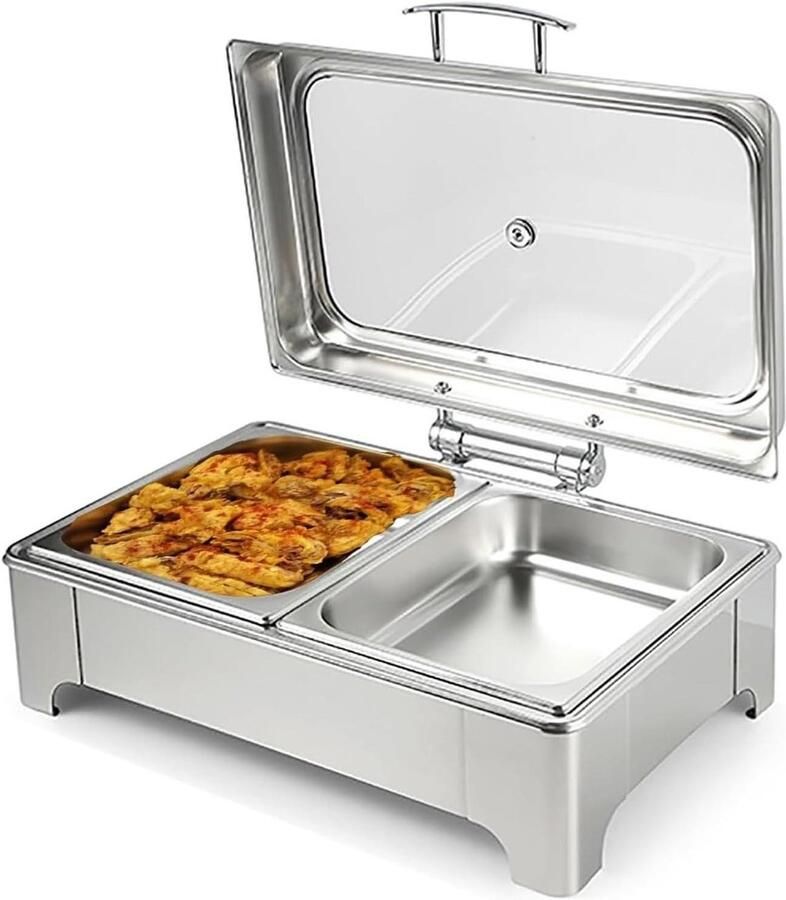 Elektrische chafing dish Buffet warmhouder Feesten en buffetten Dubbele roestvrijstalen bakken 12 Qt capaciteit Zilverkleurig