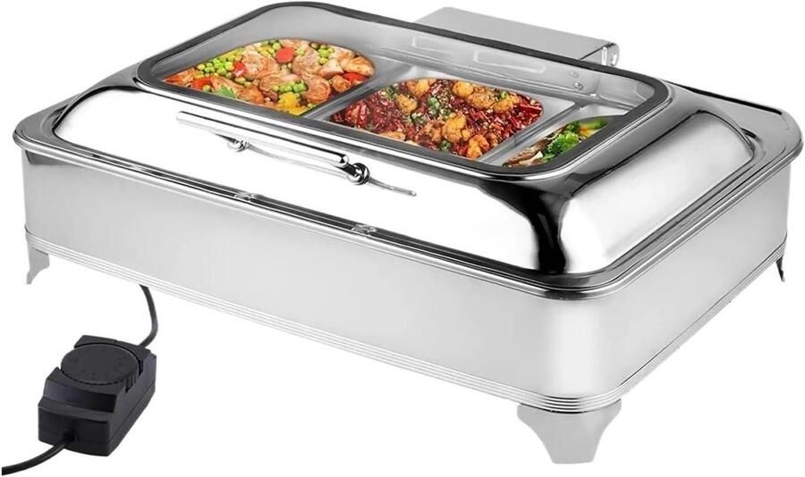 Elektrische Chafing Dish Buffetverwarmer Set Eten Warm Houden Roestvrij Staal 9 Liter Inhoud Zilver
