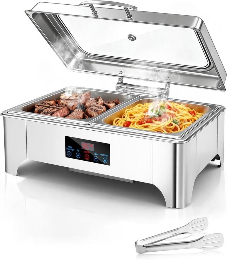 Elektrische Chafing Dish Buffetwarmer Roll Top Feesten en Catering Instelbare Temperatuur 9 Liter Capaciteit Zilver