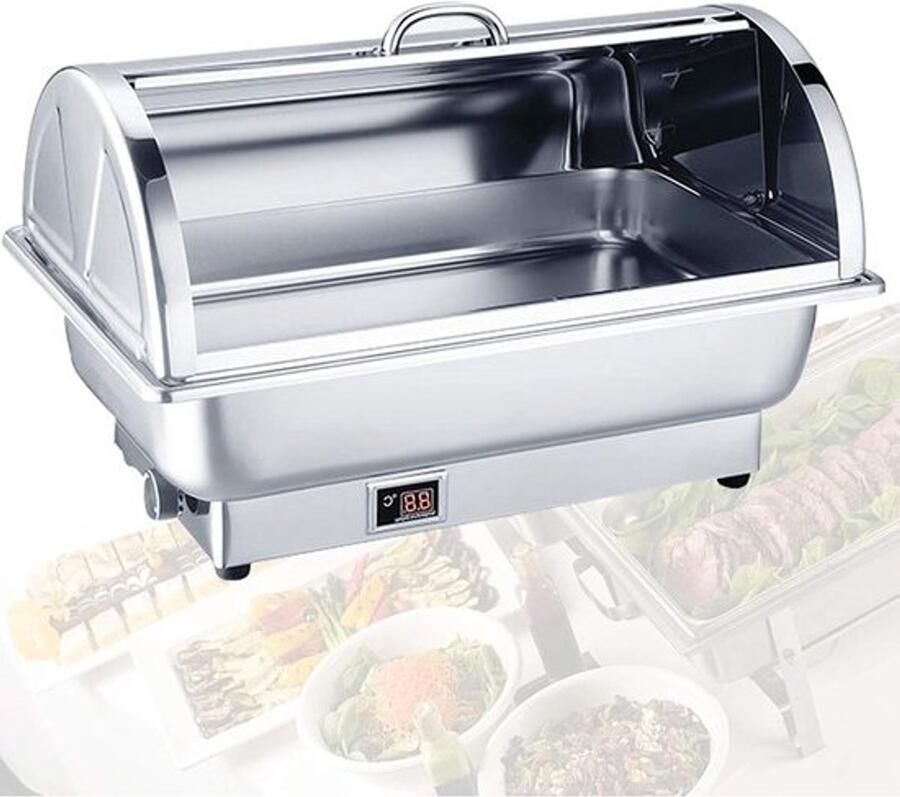 Elektrische Chafing Dish Buffetwarmer Voedselwarmer Eten Warm Houden Instelbare Temperatuur 9 Liter Zilverkleurig