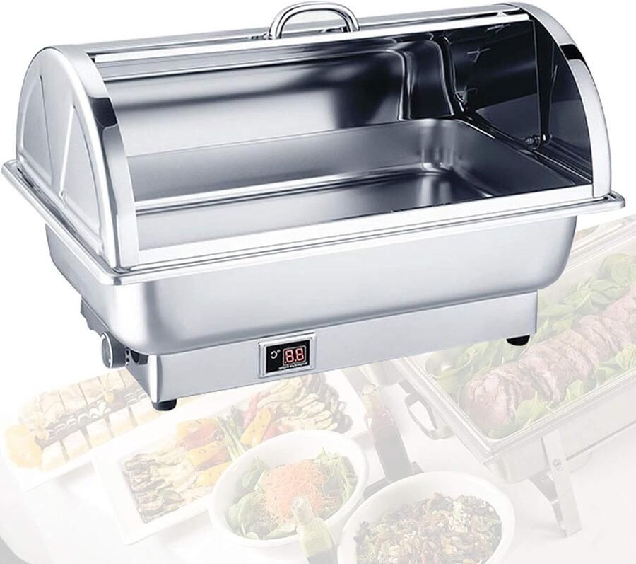 Elektrische Chafing Dish Buffetwarmer Voedselwarmer Eten Warm Houden Instelbare Temperatuur 9 Liter Zilverkleurig