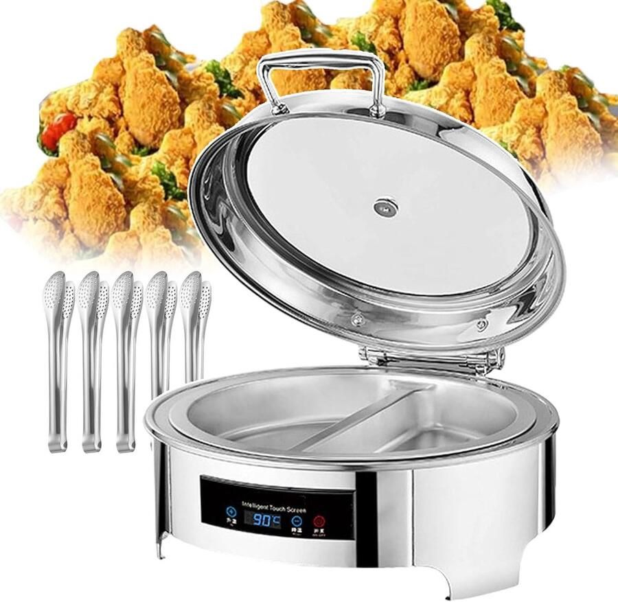 Elektrische Chafing Dish Buffetwarmer Warmhoudplaat Gerechten Warm Houden Digitaal Touchscreen Controle 6 Liter Inhoud Zilverkleurig