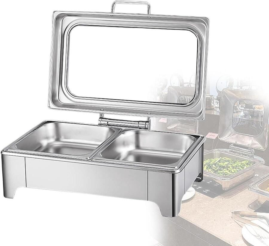 Elektrische Chafing Dish Voedselverwarmer Buffet Warm Eten Serveren Temperatuurregeling 30-80°C 9 Liter Capaciteit Zilver
