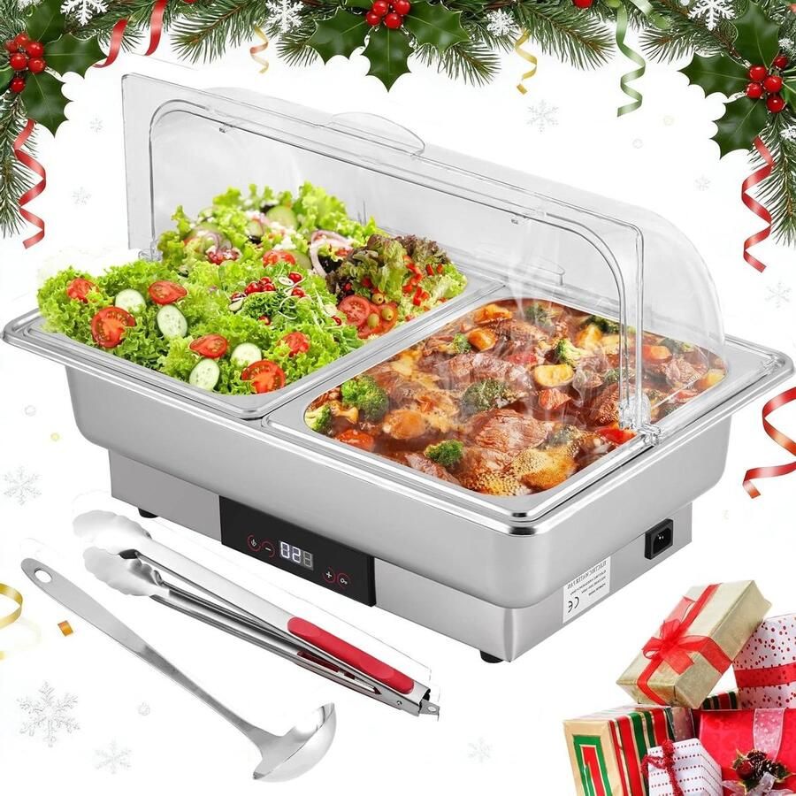 Elektrische Chafing Dish Voedselverwarmer Buffet Warm Houden Instelbare Temperatuur 9 Liter Zilver