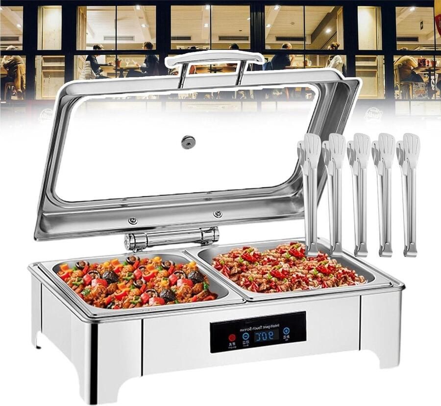 Elektrische Chafing Dish Voedselwarmer Buffet Gerechten Warm Houden Digitale Temperatuurweergave 135 Liter Zilver
