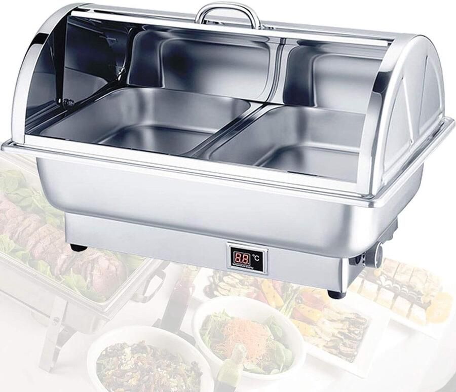 Elektrische Chafing Dish Voedselwarmer Buffetserver Feesten Buffet Warmhouden Instelbare Temperatuurregeling 9L 57x37x38cm Zilver