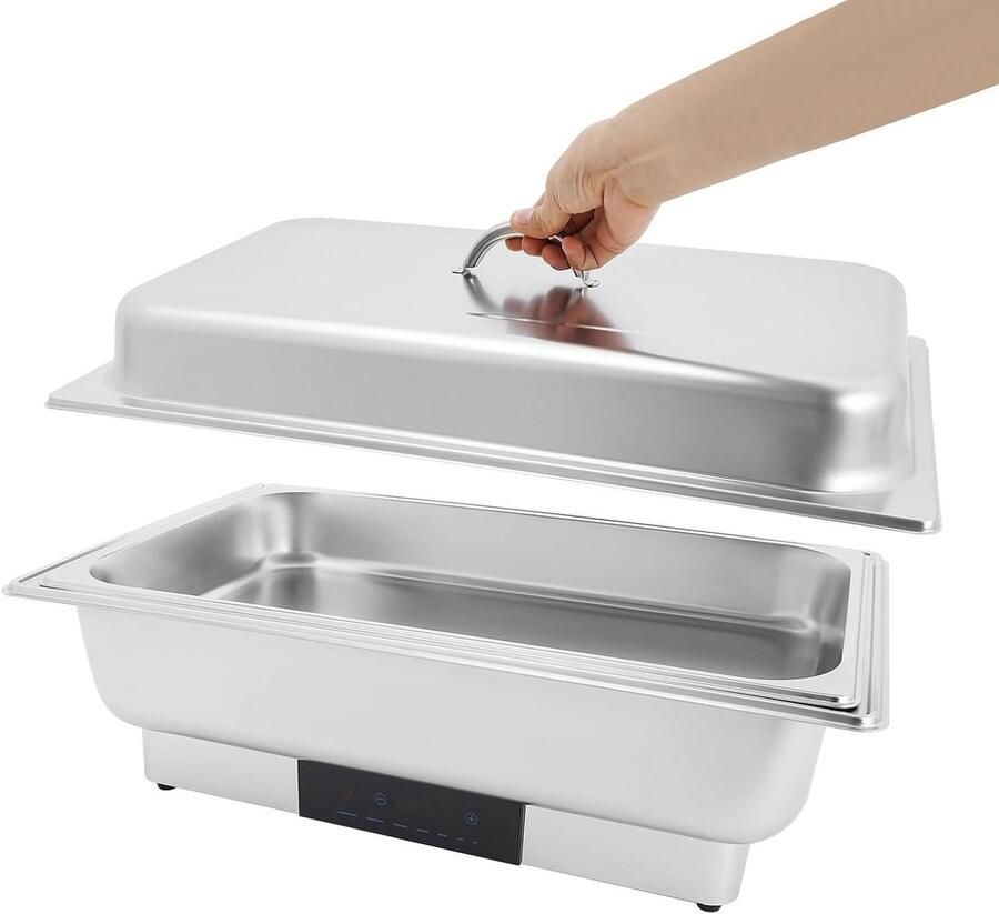 Elektrische Chafing Dish Voedselwarmer Warmhoudbak Buffet Warm Houden Touchscreen Temperatuurregeling 9 Liter Zilver