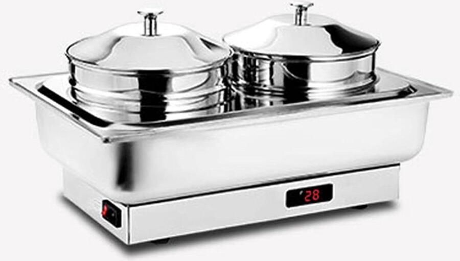 Elektrische Chafing Dish Warmhoudbak Buffet Warm Houden Dubbele Kookpotten 2 x 4 Liter Zilver