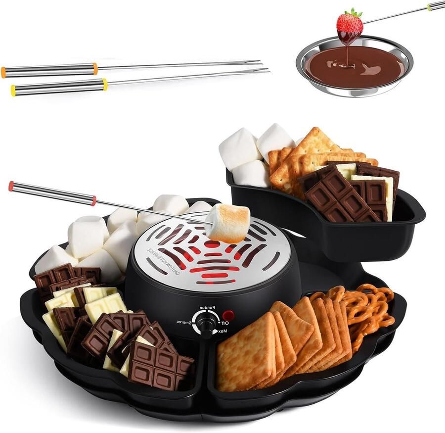 Elektrische Chocolade Fondue en S'mores Maker voor Binnen met 4 Vorken en 4 Kommen Verstelbare Temperatuur en Veilig Verwarmingssysteem