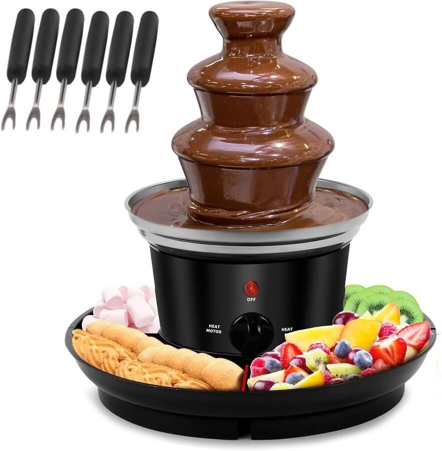 Elektrische Chocoladefontein 3 Lagen RVS Inclusief Fondue Set voor Chocolade en Kaas