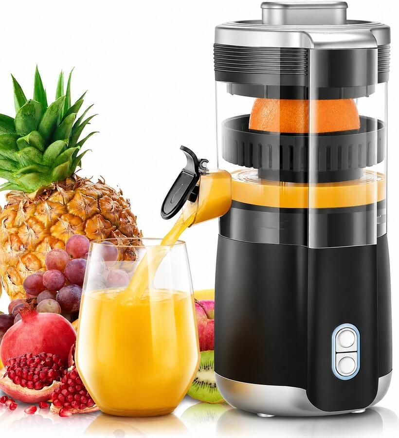 Elektrische Citruspers 100W – 2 Perskegels – Druipstopper – Oververhittingsbeveiliging – BPA-Vrij – Sinaasappel Citroen & Meer – Zwart
