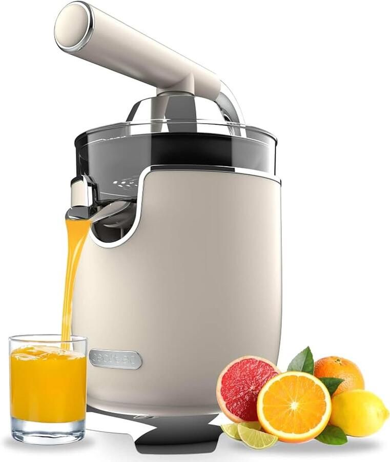 Elektrische citruspers met arm 1000 W filter van roestvrij staal 2 afneembare kegels van verschillende maten hendel en druppelbescherming