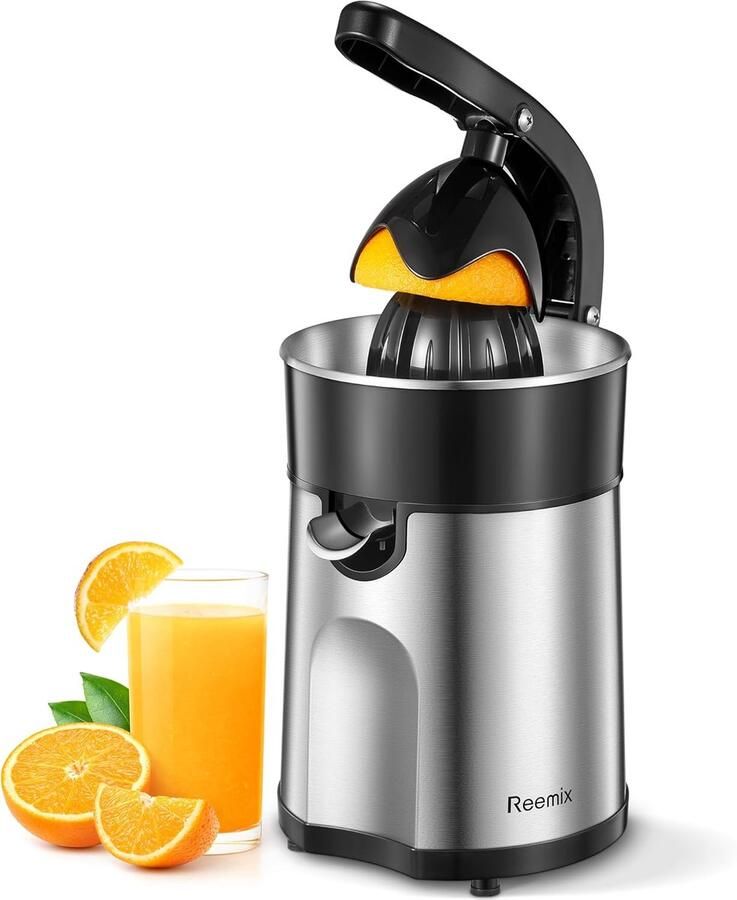 Elektrische Citruspers met Hefboomarm Sinaasappelpers met 2 Perskegels voor Grapefruit Sinaasappel Citroen en Limoen Auto Start-Stop en RVS Afwerking
