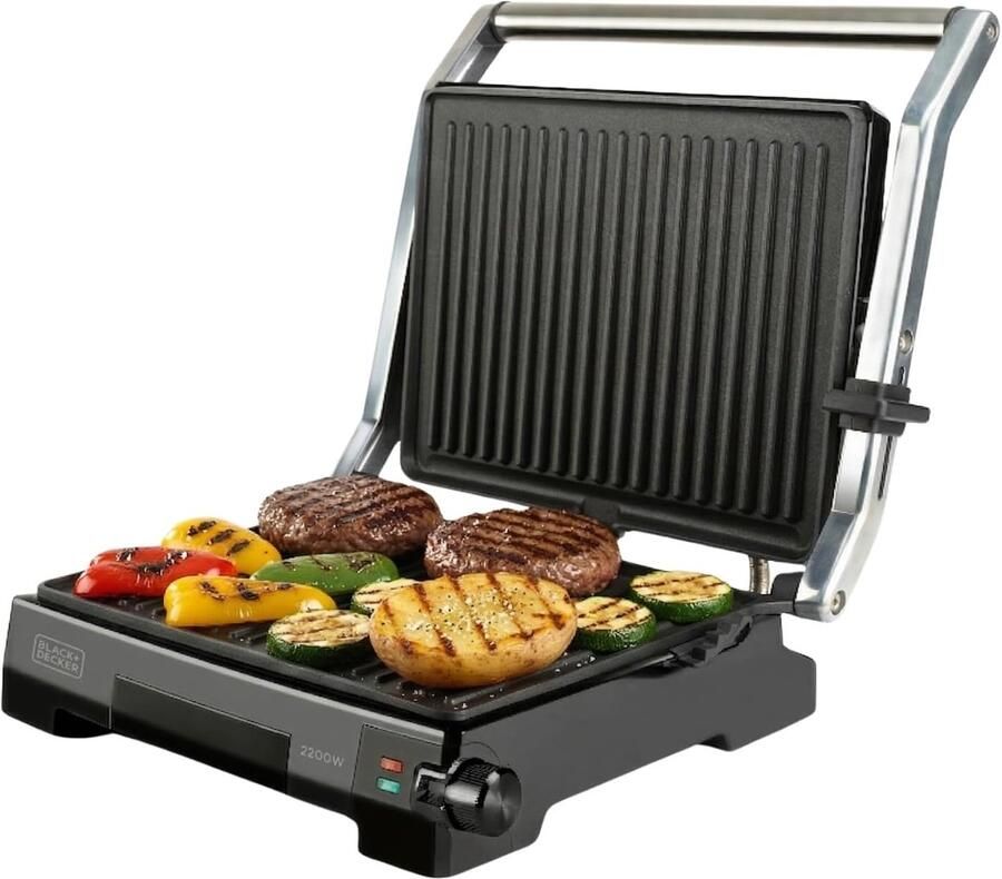 Elektrische contactgrill 2200W Grillplaat 29x23 cm Opent 180° Anti-aanbaklaag (PFOA-vrij) Temperatuurregelaar Vetopvangbak Koele handgrepen