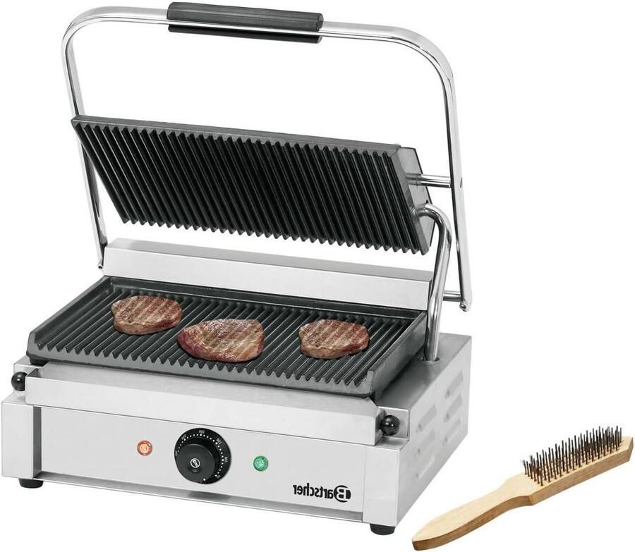 Elektrische Contactgrill Geribbelde Grill Snel Grillen Instelbare Thermostaat 41 cm Breed Zilver