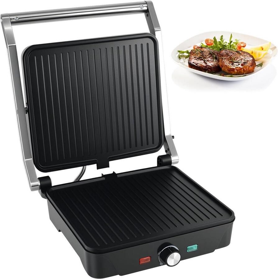 Elektrische Contactgrill Panini Grill Sandwichmaker Snel Eten Bereiden 180 Graden Openklapbaar 33 x 40 cm Zwart