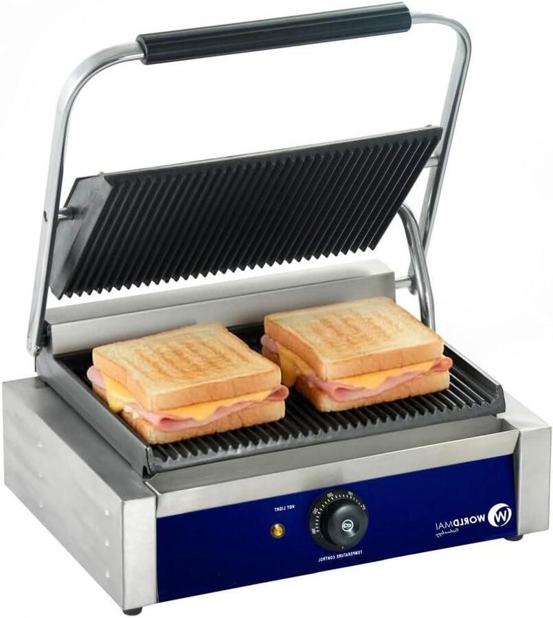 Elektrische Contactgrill Panini Pers Binnen Grill Horeca Grillen Geribbelde Platen 44 x 41 cm Roestvrij staal