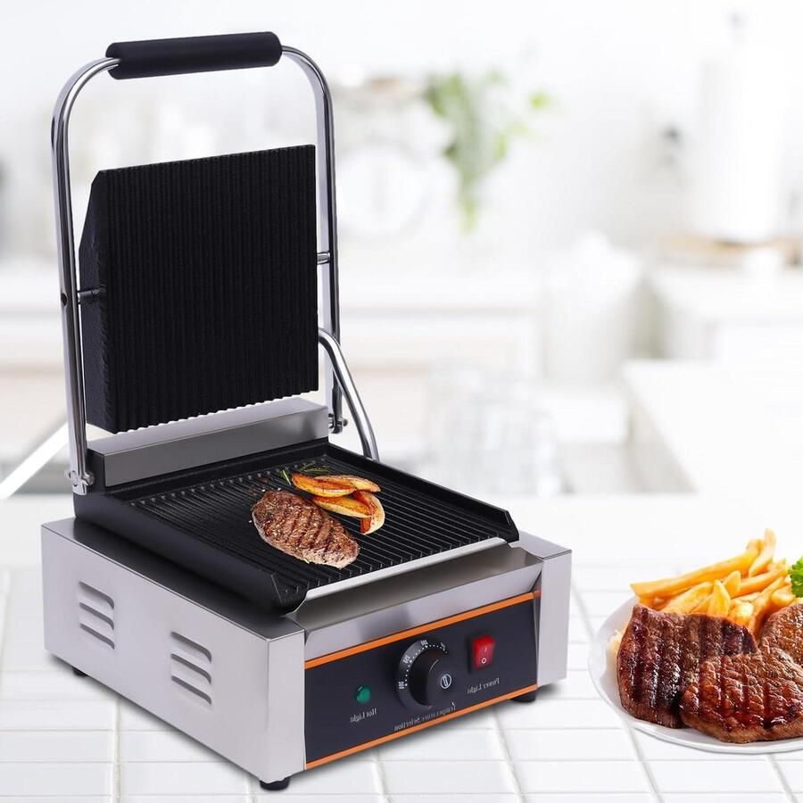 Elektrische Contactgrill Sandwichmaker Grill Snel Eten Grillen Dubbele Grillplaat 37 x 19 cm Zilver Zwart