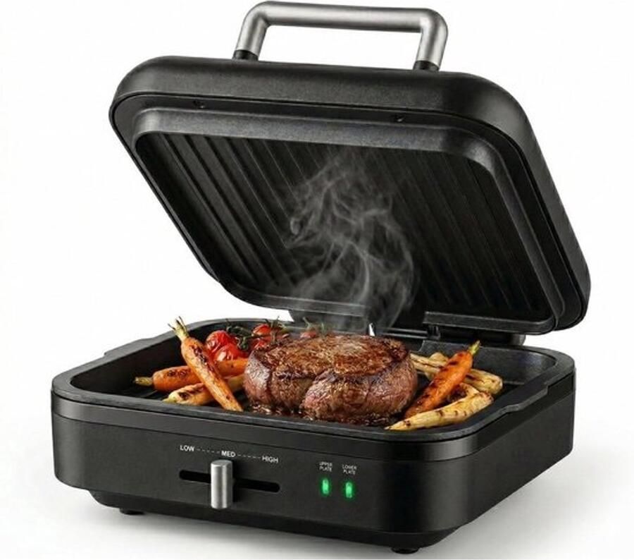 Elektrische Contactgrill Tafelgrill Bakplaat Grillgerechten Bereiden Afneembare Grillbodem 1400 Watt Mat Zwart