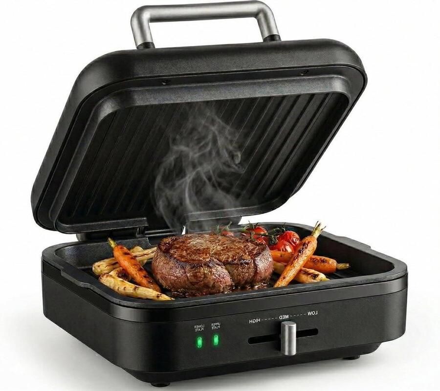 Elektrische Contactgrill Tafelgrill Bakplaat Snel Grillen Afneembare Grillbodem 1400W Mat Zwart