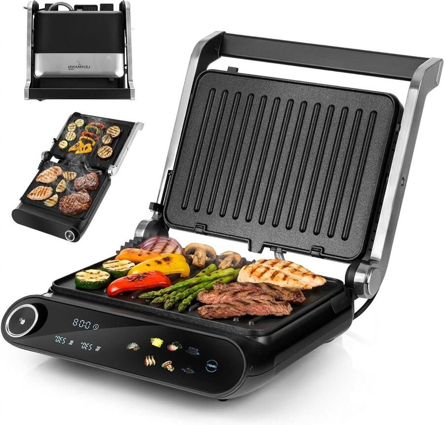Elektrische Contactgrill Tafelgrill Jaarrond Grillen 10 Automatische Programma's Tot 1900 cm² Zilver Zwart