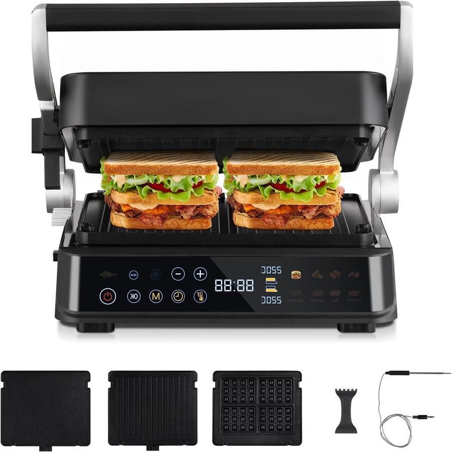 Elektrische Contactgrill Tafelgrill 6-in-1 Lekker Eten Bereiden Temperatuur Sensor 42 cm Zilver Zwart