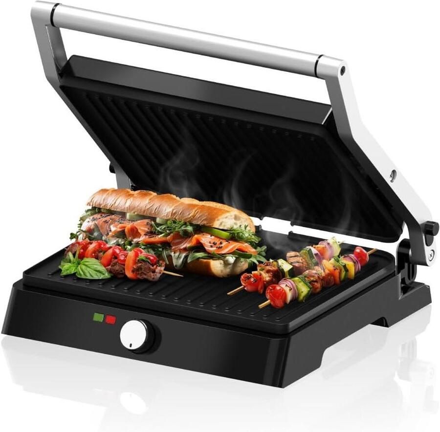 Elektrische Contactgrill Tafelgrill XXL Sandwiches en Grillen Traploze Temperatuurregeling 35 x 32 cm Roestvrij Staal