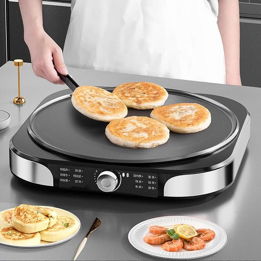 Elektrische Crêpe Maker Pannenkoekenpan Bakplaat Snelle Maaltijden Bereiden Antiaanbaklaag 40 cm Zilver