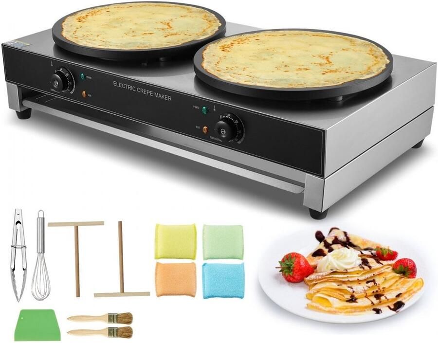Elektrische crêpemaker Dubbele crêpe- en pannenkoekenplaat 6000 W RVS Temperatuurregeling Zonder stekker