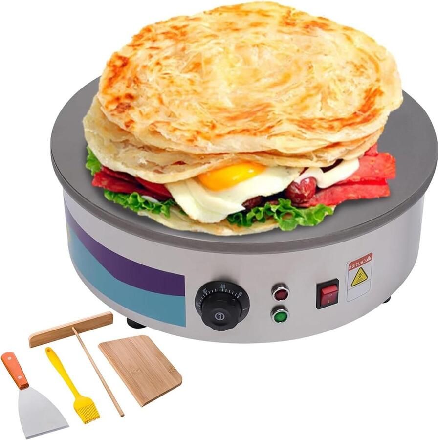 Elektrische Crêpemaker Pannenkoekenplaat Ontbijt Bereiden Verstelbare Temperatuur 45cm Diameter Zilver