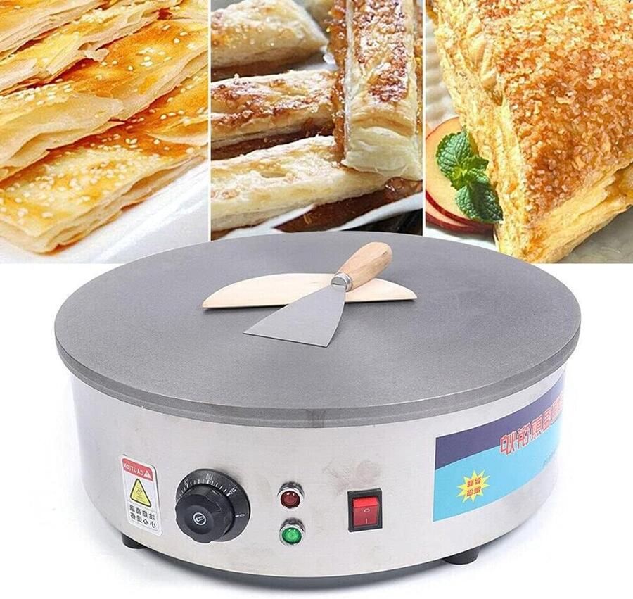 Elektrische crêpesmaker Crêpeplaat apparaat Pannenkoeken bakken Gelijkmatige verwarming 45 cm diameter Roestvrij staal