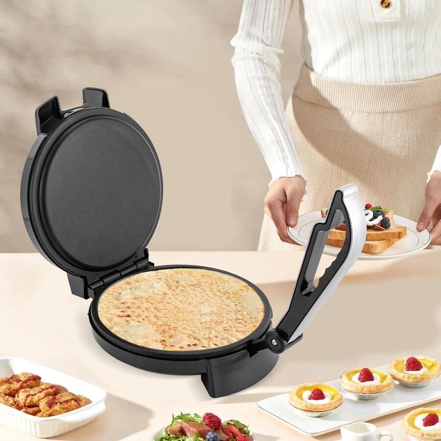 Elektrische Deegpers Platbrood Maker Zelfgemaakte Tortilla's Antiaanbaklaag 1200 W Zilver Zwart